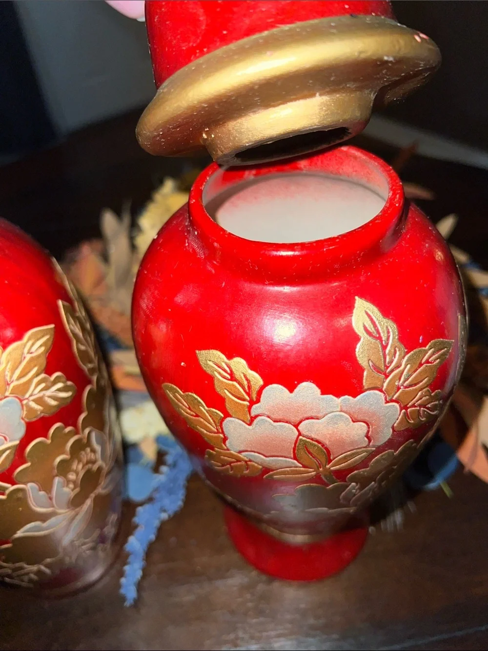 Beautiful Set Of 2 Statuesque Asian Burgundy/Gold/ Silver Flowered